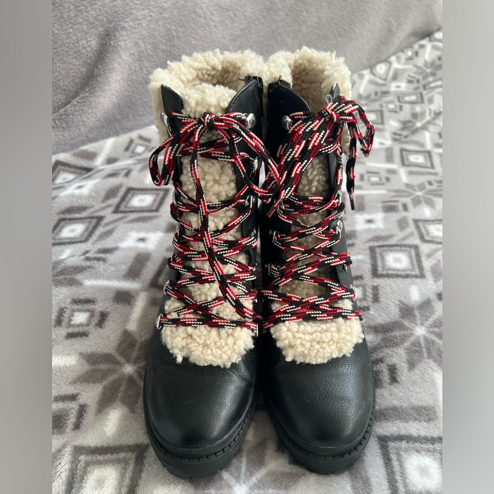 Women's Black and Cream Lace-Up Boots